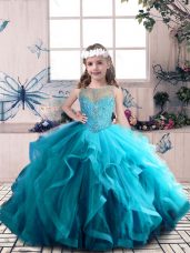 Blue Sleeveless Tulle Lace Up Child Pageant Dress for Party and Sweet 16 and Wedding Party