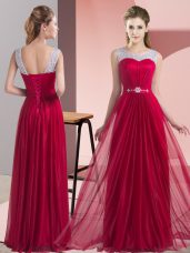 Floor Length Wine Red Vestidos de Damas Chiffon Sleeveless Beading and Belt