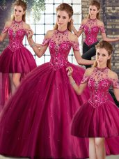 Exquisite Lace Up Vestidos de Quinceanera Fuchsia for Military Ball and Sweet 16 and Quinceanera with Beading Brush Train