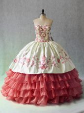 White And Red Sleeveless Satin and Organza Lace Up Ball Gown Prom Dress for Sweet 16 and Quinceanera