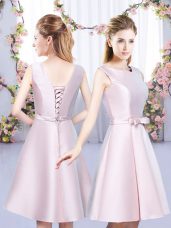 Adorable Baby Pink A-line Satin Scoop Sleeveless Bowknot Mini Length Lace Up Vestidos de Damas