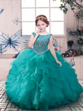 Teal Scoop Zipper Beading and Ruffles Custom Made Pageant Dress Sleeveless