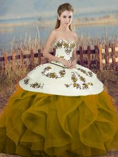 Brown Tulle Lace Up Sweet 16 Dresses Sleeveless Floor Length Embroidery and Ruffles and Bowknot