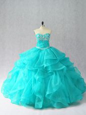 Aqua Blue Sweetheart Neckline Beading and Ruffles Sweet 16 Dress Sleeveless Lace Up