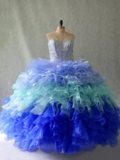 Comfortable Organza Sweetheart Sleeveless Lace Up Beading and Ruffles Ball Gown Prom Dress in Multi-color