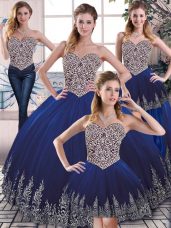 Royal Blue Ball Gowns Sweetheart Sleeveless Tulle Floor Length Lace Up Embroidery Quinceanera Dresses