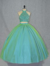 Artistic Halter Top Sleeveless Ball Gown Prom Dress Beading Green Tulle