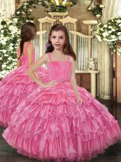 Customized Rose Pink Sleeveless Ruffled Layers Floor Length Little Girls Pageant Dress Wholesale