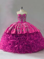 Great Fuchsia Sleeveless Floor Length Embroidery and Ruffles Lace Up Quinceanera Dress