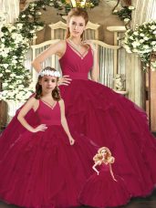 Fashionable Burgundy Lace Up V-neck Ruching Quinceanera Dresses Tulle Sleeveless
