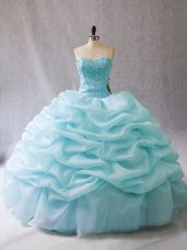 Romantic Aqua Blue Lace Up Sweetheart Beading and Pick Ups Quince Ball Gowns Organza Sleeveless