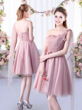 Adorable Knee Length Pink Vestidos de Damas Tulle Sleeveless Appliques and Belt