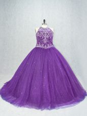 Noble Beading Sweet 16 Dresses Purple Lace Up Sleeveless Brush Train