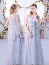 Empire Bridesmaid Dress Grey Scoop Tulle Sleeveless Floor Length Lace Up