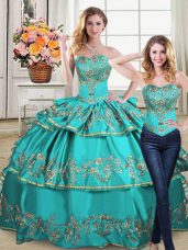 Attractive Sweetheart Sleeveless Organza Ball Gown Prom Dress Embroidery and Ruffled Layers Lace Up