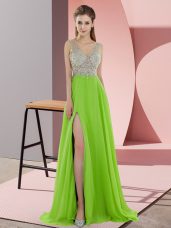 Sleeveless Beading Zipper Prom Evening Gown with Sweep Train