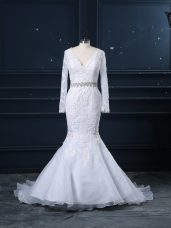 Dramatic V-neck Long Sleeves Brush Train Backless Bridal Gown White Organza