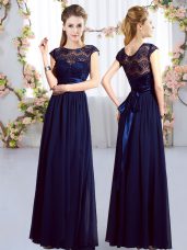 Cap Sleeves Zipper Floor Length Lace and Belt Bridesmaid Gown