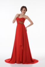 Red Prom Dress Prom and Party and Military Ball with Appliques and Ruching Sweetheart Sleeveless Brush Train Zipper