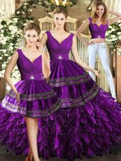 Gorgeous Three Pieces Quinceanera Dress Purple V-neck Organza Sleeveless Floor Length Backless