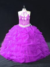 Perfect Purple Organza Backless Quinceanera Dresses Sleeveless Floor Length Beading and Pick Ups