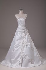 White Lace Up Strapless Beading Wedding Dress Satin Sleeveless Brush Train