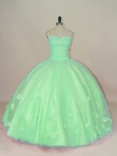 Custom Made Floor Length Green Quinceanera Gown Tulle Sleeveless Hand Made Flower