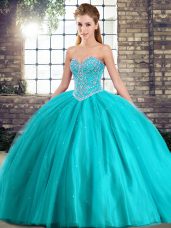 Glorious Beading Sweet 16 Quinceanera Dress Aqua Blue Lace Up Sleeveless Brush Train