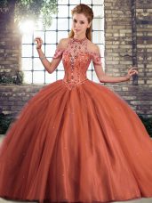 Latest Lace Up Quince Ball Gowns Rust Red for Military Ball and Sweet 16 and Quinceanera with Beading Brush Train