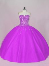 Purple Ball Gowns Sweetheart Sleeveless Tulle Floor Length Lace Up Beading Quince Ball Gowns