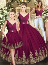 Burgundy Sleeveless Beading and Appliques Floor Length Sweet 16 Quinceanera Dress