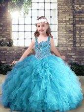 Glorious Floor Length Aqua Blue High School Pageant Dress Straps Sleeveless Lace Up