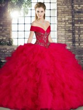 Floor Length Ball Gowns Sleeveless Red Quinceanera Gown Lace Up