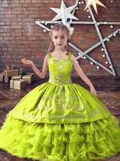 Yellow Green Ball Gowns Embroidery and Ruffled Layers Kids Formal Wear Lace Up Satin and Organza Sleeveless Floor Length