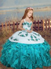 Sleeveless Floor Length Embroidery and Ruffles Lace Up Pageant Dress Wholesale with Aqua Blue