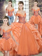 Orange Ball Gowns Beading and Ruffles Sweet 16 Quinceanera Dress Lace Up Organza Sleeveless Floor Length