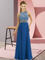Modest Blue Chiffon Side Zipper Scoop Sleeveless Floor Length Formal Evening Gowns Beading