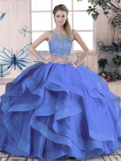 Fine Blue Two Pieces Tulle Scoop Sleeveless Beading and Ruffles Floor Length Lace Up Ball Gown Prom Dress