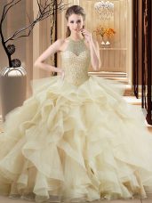 Exceptional Brush Train Ball Gowns Vestidos de Quinceanera Champagne Halter Top Organza Sleeveless