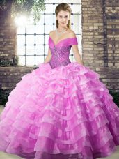 Lilac Ball Gowns Beading and Ruffled Layers 15th Birthday Dress Lace Up Organza Sleeveless