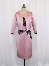 Pink Column/Sheath Satin Scoop Long Sleeves Lace and Appliques Mini Length Zipper Homecoming Dress