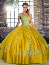 Gold Ball Gowns Tulle Off The Shoulder Sleeveless Beading and Embroidery Floor Length Lace Up Quinceanera Dresses