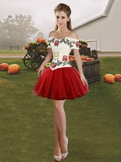 Exceptional Sleeveless Tulle Mini Length Lace Up Juniors Party Dress in Wine Red with Embroidery