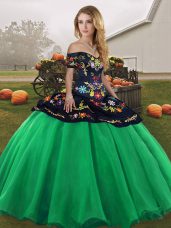 Turquoise Tulle Lace Up Ball Gown Prom Dress Sleeveless Floor Length Embroidery