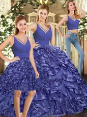 Modern Lavender Organza Backless V-neck Sleeveless Floor Length Ball Gown Prom Dress Brush Train Ruffles