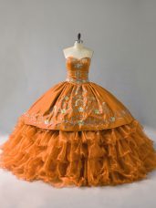 Sweetheart Sleeveless Sweet 16 Dresses Floor Length Embroidery and Ruffles Gold Organza