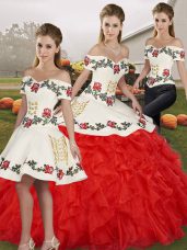 Spectacular White And Red Lace Up Off The Shoulder Embroidery and Ruffles Quinceanera Dress Organza Sleeveless