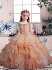 Exquisite Peach Kids Pageant Dress Party and Sweet 16 and Wedding Party with Beading and Ruffles Scoop Sleeveless Lace Up