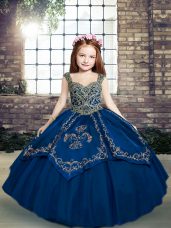Beading and Embroidery Little Girl Pageant Dress Blue Lace Up Sleeveless Floor Length