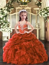 Rust Red Sleeveless Floor Length Beading and Ruffles Lace Up Little Girls Pageant Dress